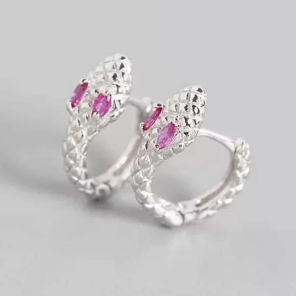🐍Serpent Snake Hoop Stacking 925 Sterling Silver Pink Zircon Eyes - Picture 3 of 12